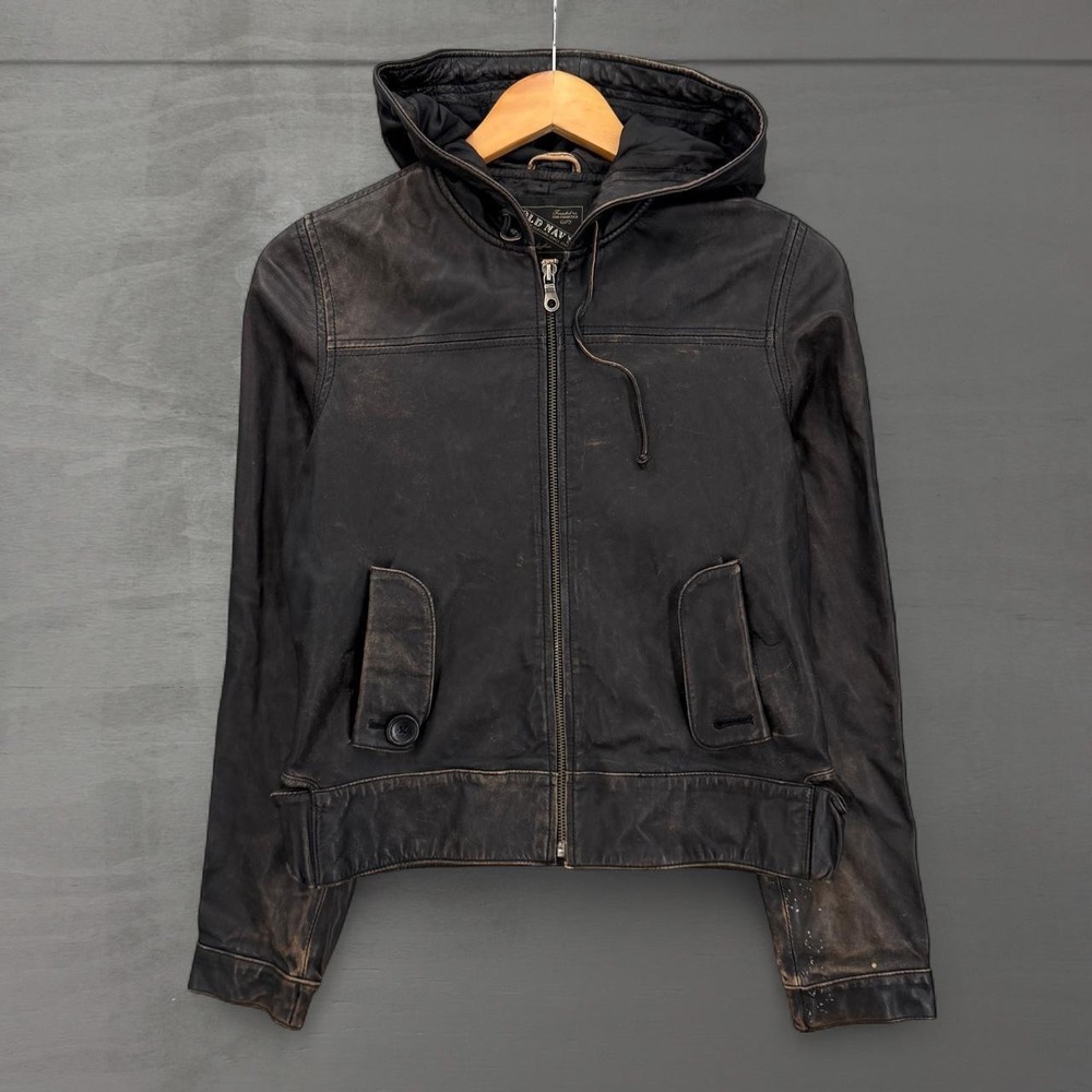 Old Navy Leather Jacket Black Distressed Hooded Zip Up Vintage Style Small